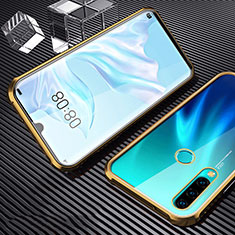 Custodia Lusso Alluminio Laterale Specchio 360 Gradi Cover T01 per Huawei P30 Lite New Edition Oro