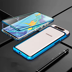 Custodia Lusso Alluminio Laterale Specchio 360 Gradi Cover T01 per Samsung Galaxy A90 4G Blu
