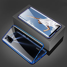 Custodia Lusso Alluminio Laterale Specchio 360 Gradi Cover T02 per Oppo A92 Blu