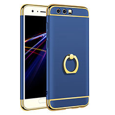 Custodia Lusso Metallo Laterale e Plastica Cover con Anello Supporto A01 per Huawei Honor 9 Blu