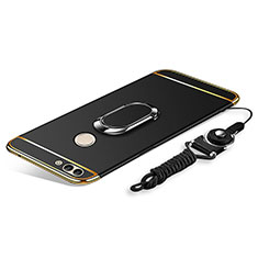 Custodia Lusso Metallo Laterale e Plastica Cover con Anello Supporto e Cordoncino per Huawei Enjoy 8 Plus Nero