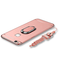 Custodia Lusso Metallo Laterale e Plastica Cover con Anello Supporto e Cordoncino per Huawei P9 Lite Oro Rosa