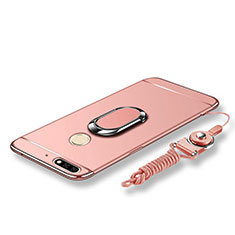 Custodia Lusso Metallo Laterale e Plastica Cover con Anello Supporto e Cordoncino per Huawei Y7 (2018) Oro Rosa