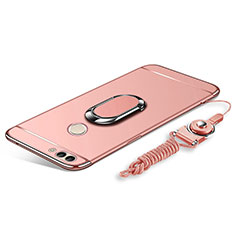 Custodia Lusso Metallo Laterale e Plastica Cover con Anello Supporto e Cordoncino per Huawei Y9 (2018) Oro Rosa