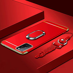 Custodia Lusso Metallo Laterale e Plastica Cover con Anello Supporto e Cordoncino per Oppo A92 Rosso