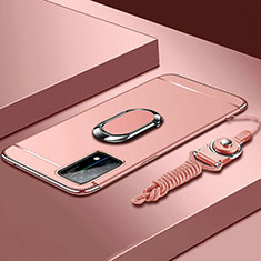 Custodia Lusso Metallo Laterale e Plastica Cover con Anello Supporto e Cordoncino per Oppo K9 5G Rosa