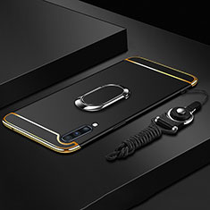Custodia Lusso Metallo Laterale e Plastica Cover con Anello Supporto e Cordoncino per Samsung Galaxy A90 5G Nero