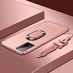 Custodia Lusso Metallo Laterale e Plastica Cover con Anello Supporto P01 per Oppo A93s 5G Oro Rosa