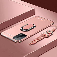 Custodia Lusso Metallo Laterale e Plastica Cover con Anello Supporto P03 per OnePlus Nord N200 5G Oro Rosa