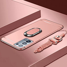 Custodia Lusso Metallo Laterale e Plastica Cover con Anello Supporto per Oppo Reno6 Pro+ Plus 5G Oro Rosa