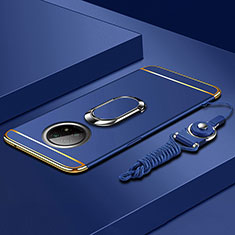 Custodia Lusso Metallo Laterale e Plastica Cover con Anello Supporto per Xiaomi Redmi Note 9T 5G Blu
