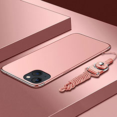 Custodia Lusso Metallo Laterale e Plastica Cover con Cordoncino per Apple iPhone 13 Mini Oro Rosa