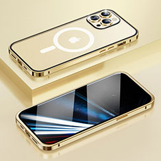 Custodia Lusso Metallo Laterale e Plastica Cover con Mag-Safe Magnetic LF1 per Apple iPhone 15 Pro Oro