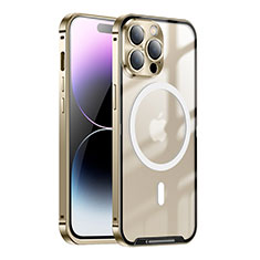 Custodia Lusso Metallo Laterale e Plastica Cover con Mag-Safe Magnetic LO1 per Apple iPhone 14 Pro Max Oro