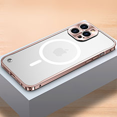 Custodia Lusso Metallo Laterale e Plastica Cover con Mag-Safe Magnetic QC1 per Apple iPhone 13 Pro Oro Rosa