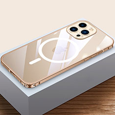 Custodia Lusso Metallo Laterale e Plastica Cover con Mag-Safe Magnetic QC4 per Apple iPhone 14 Pro Oro