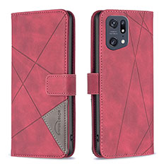 Custodia Portafoglio In Pelle Cover con Supporto B08F per Oppo Find X5 Pro 5G Rosso