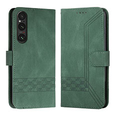 Custodia Portafoglio In Pelle Cover con Supporto B21F per Sony Xperia 1 V Verde