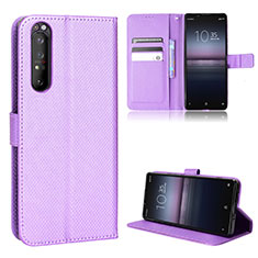 Custodia Portafoglio In Pelle Cover con Supporto BY1 per Sony Xperia 1 II Viola