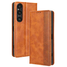 Custodia Portafoglio In Pelle Cover con Supporto BY4 per Sony Xperia 1 V Marrone