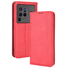 Custodia Portafoglio In Pelle Cover con Supporto BY4 per Vivo X80 Pro 5G Rosso