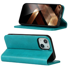 Custodia Portafoglio In Pelle Cover con Supporto D05T per Apple iPhone 15 Plus Ciano