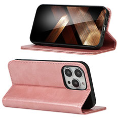 Custodia Portafoglio In Pelle Cover con Supporto D05T per Apple iPhone 15 Pro Rosa