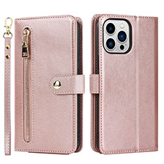 Custodia Portafoglio In Pelle Cover con Supporto D06T per Apple iPhone 15 Pro Max Oro Rosa