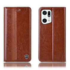 Custodia Portafoglio In Pelle Cover con Supporto H06P per Oppo Find X5 Pro 5G Marrone Chiaro