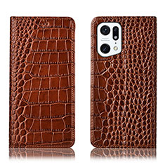 Custodia Portafoglio In Pelle Cover con Supporto H08P per Oppo Find X5 Pro 5G Marrone Chiaro