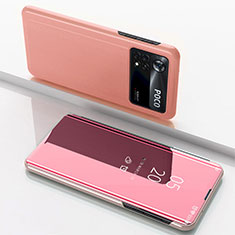 Custodia Portafoglio In Pelle Cover con Supporto Laterale Specchio Cover per Xiaomi Poco X4 Pro 5G Oro Rosa