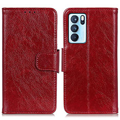 Custodia Portafoglio In Pelle Cover con Supporto N05P per Oppo Reno6 Pro 5G India Rosso