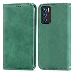 Custodia Portafoglio In Pelle Cover con Supporto S04D per Oppo Reno6 5G Verde