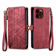 Custodia Portafoglio In Pelle Cover con Supporto S05D per Apple iPhone 14 Pro Rosso