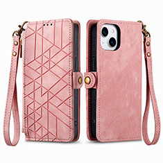 Custodia Portafoglio In Pelle Cover con Supporto S05D per Apple iPhone 15 Oro Rosa