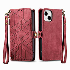 Custodia Portafoglio In Pelle Cover con Supporto S05D per Apple iPhone 15 Plus Rosso