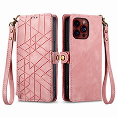 Custodia Portafoglio In Pelle Cover con Supporto S05D per Apple iPhone 15 Pro Max Oro Rosa