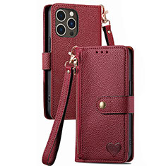 Custodia Portafoglio In Pelle Cover con Supporto S07D per Apple iPhone 13 Pro Rosso