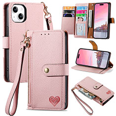 Custodia Portafoglio In Pelle Cover con Supporto S07D per Apple iPhone 15 Plus Rosa