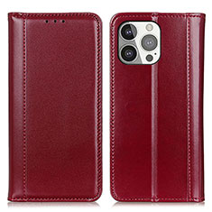 Custodia Portafoglio In Pelle Cover con Supporto T09 per Apple iPhone 15 Pro Rosso