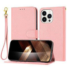 Custodia Portafoglio In Pelle Cover con Supporto Y09X per Apple iPhone 15 Pro Max Oro Rosa