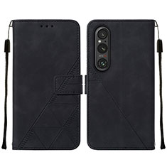 Custodia Portafoglio In Pelle Cover con Supporto YB2 per Sony Xperia 1 V Nero