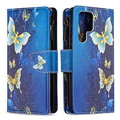Custodia Portafoglio In Pelle Fantasia Modello Cover con Supporto B05F per Samsung Galaxy S22 Ultra 5G Blu