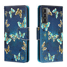 Custodia Portafoglio In Pelle Fantasia Modello Cover con Supporto H01X per Samsung Galaxy S22 5G Blu Notte