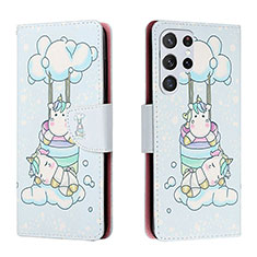 Custodia Portafoglio In Pelle Fantasia Modello Cover con Supporto H02X per Samsung Galaxy S22 Ultra 5G Azzurro