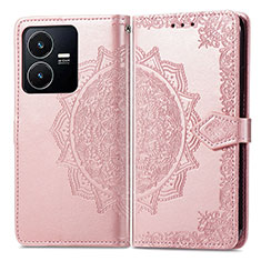 Custodia Portafoglio In Pelle Fantasia Modello Cover con Supporto per Vivo Y22s Oro Rosa