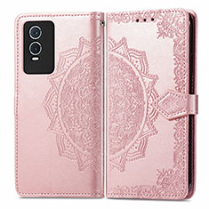 Custodia Portafoglio In Pelle Fantasia Modello Cover con Supporto per Vivo Y76s 5G Oro Rosa