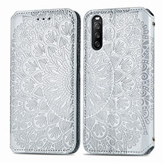 Custodia Portafoglio In Pelle Fantasia Modello Cover con Supporto S01D per Sony Xperia 10 III SO-52B Argento