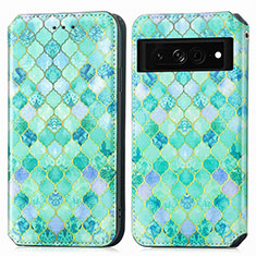 Custodia Portafoglio In Pelle Fantasia Modello Cover con Supporto S02D per Google Pixel 7 Pro 5G Verde