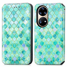 Custodia Portafoglio In Pelle Fantasia Modello Cover con Supporto S02D per Huawei P50 Verde